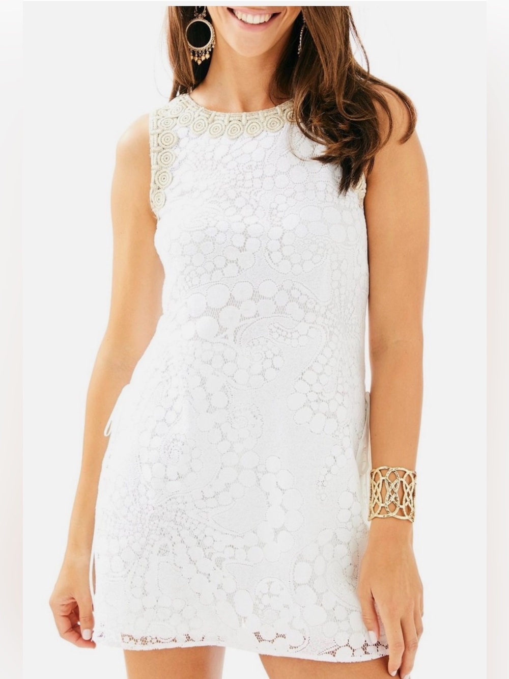 Lilly Pulitzer White Lace Sleeveless Shift Dress with Embellished Neckline